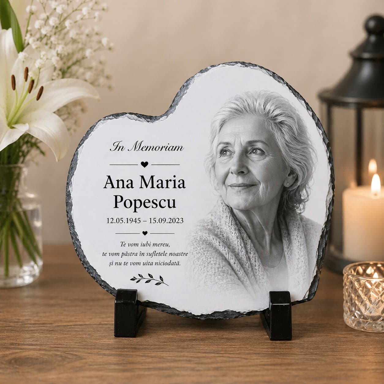 Ardezie în Formă de Inimă Personalizată In Memoriam cu Poză și Mesaj – Placă Comemorativă Premium pentru Persoane Dragi