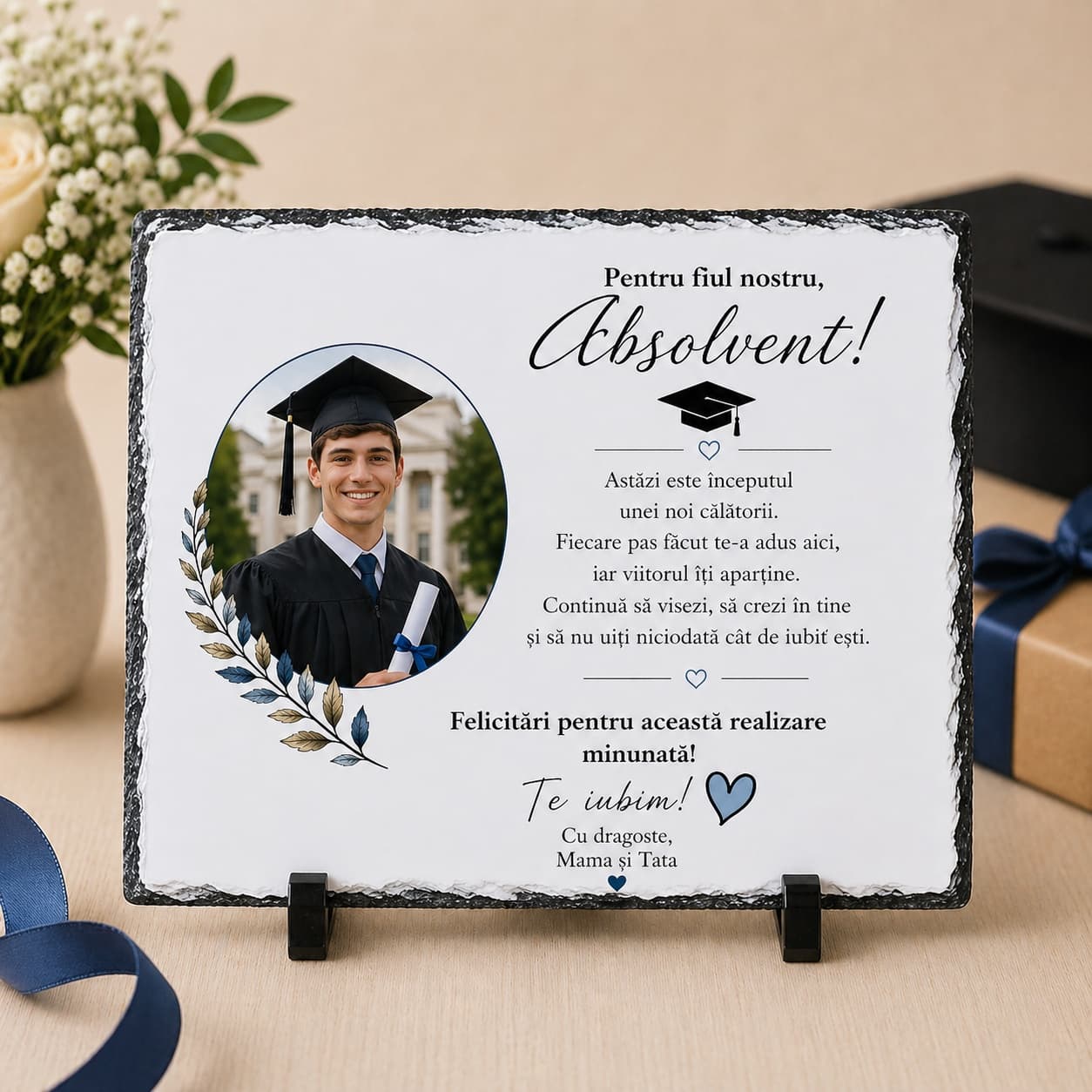 Ardezie Personalizată 20x15 Absolvire Băiat cu Poză și Mesaj – Cadou Gimnaziu, Liceu sau Facultate