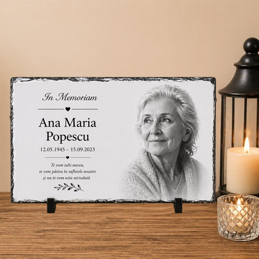 Ardezie Personalizată 20x15 In Memoriam cu Poză și Mesaj – Placă Comemorativă pentru Persoane Dragi