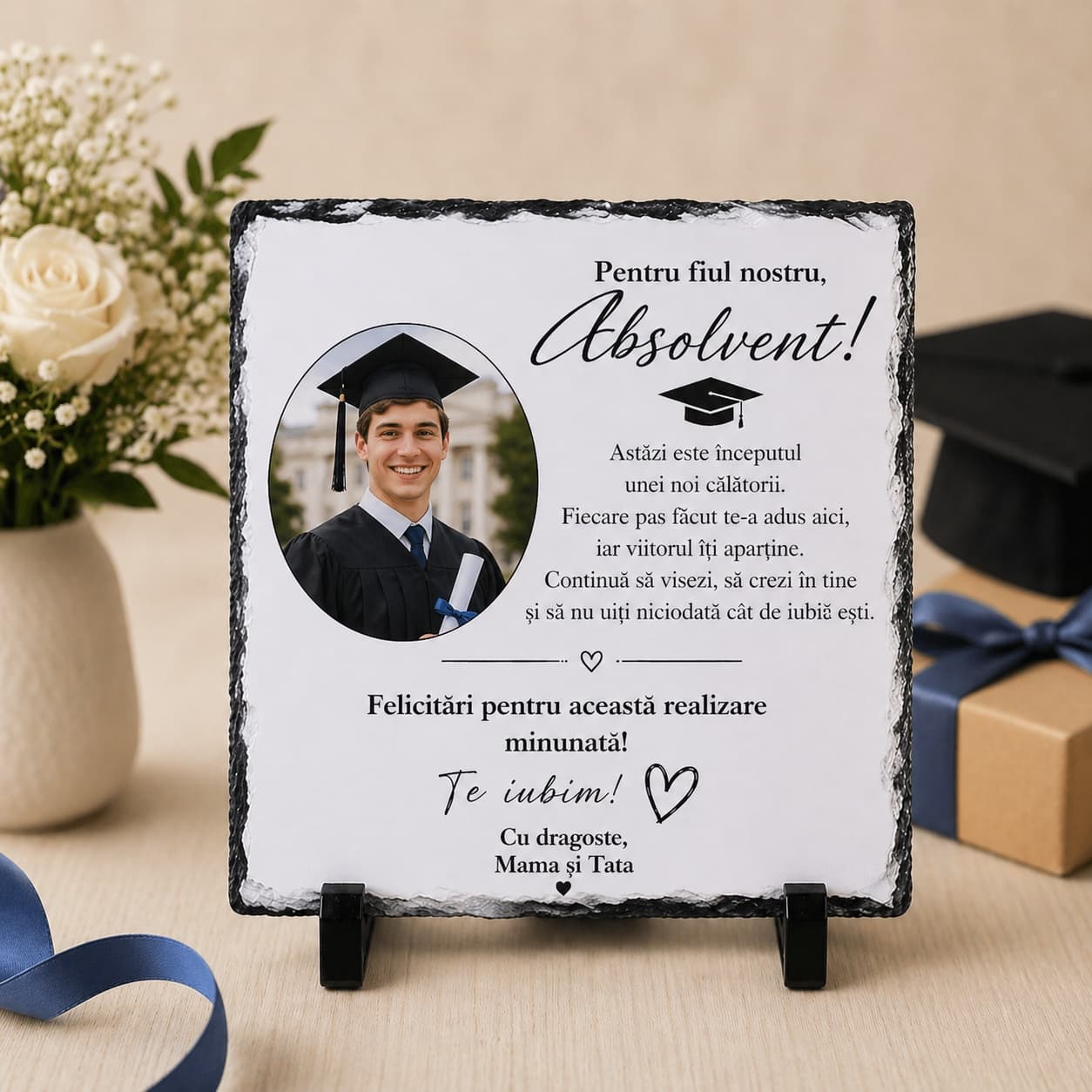 Ardezie Personalizată 20x20 Absolvire Băiat cu Poză și Mesaj – Cadou Gimnaziu, Liceu sau Facultate