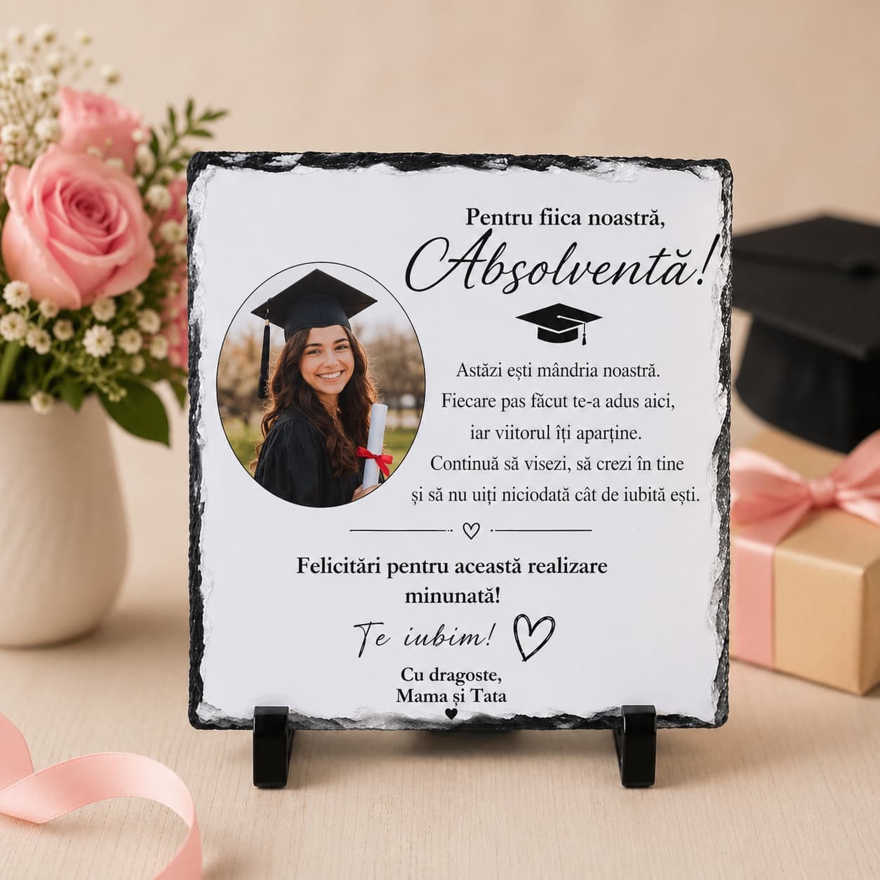 Ardezie Personalizată 20x20 Absolvire Fete cu Poză și Mesaj – Cadou pentru Gimnaziu, Liceu sau Facu
