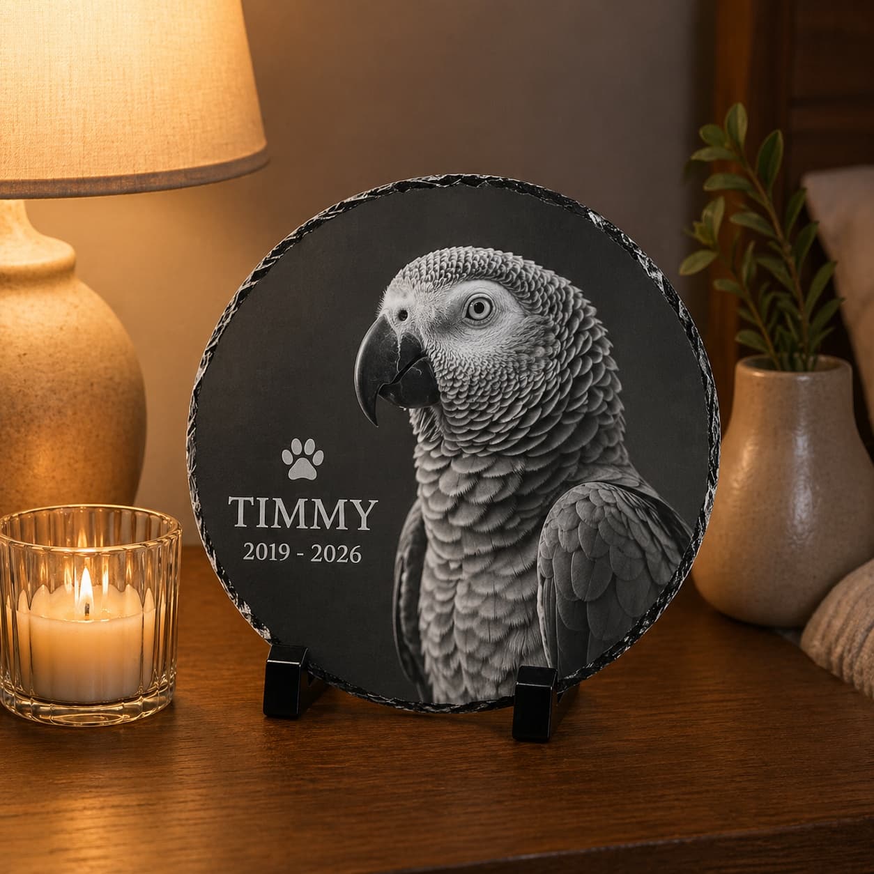 Ardezie Rotundă Personalizată In Memoriam Animal – Tablou Comemorativ cu Poză, Nume și Dată | Amintire Eternă Câine, Pisică, Papagal