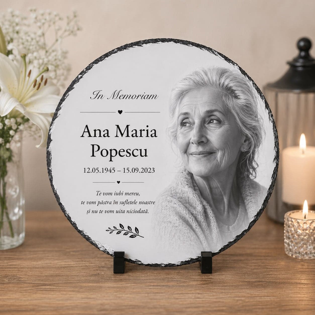 Ardezie Rotundă Personalizată In Memoriam cu Poză și Mesaj – Placă Comemorativă Premium pentru Persoane Dragi