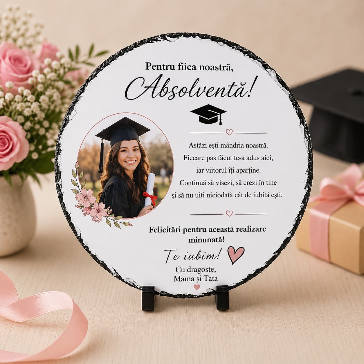 Ardezie Rotundă Personalizată pentru Absolvire Fete cu Poză și Mesaj – Cadou Premium Absolvire