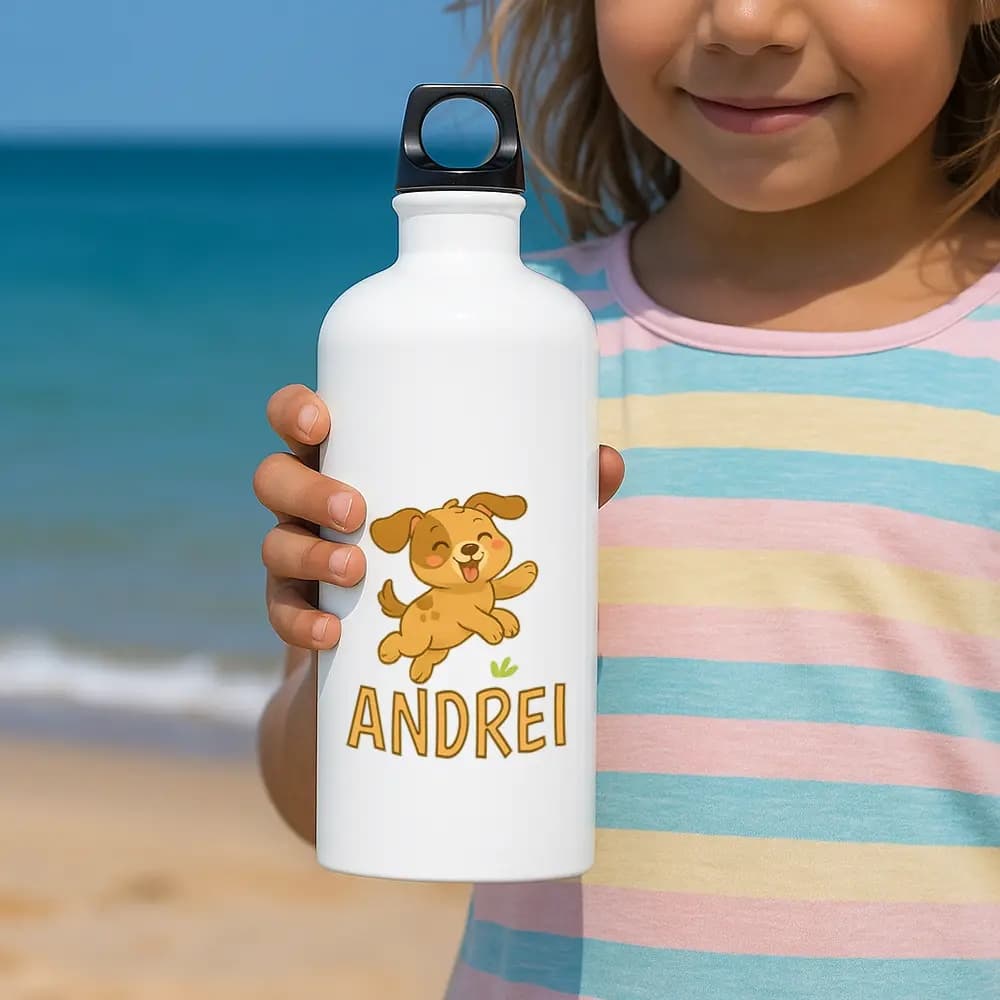 Bidon apă personalizat Cățel cu nume sau mesaj – sticlă reutilizabilă adorabilă pentru copii