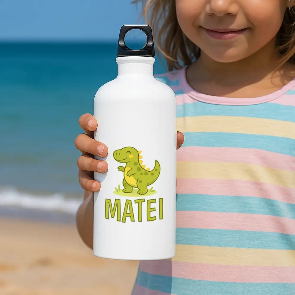 Bidon apă personalizat Dino cu nume sau mesaj – sticlă reutilizabilă pentru copii și școală