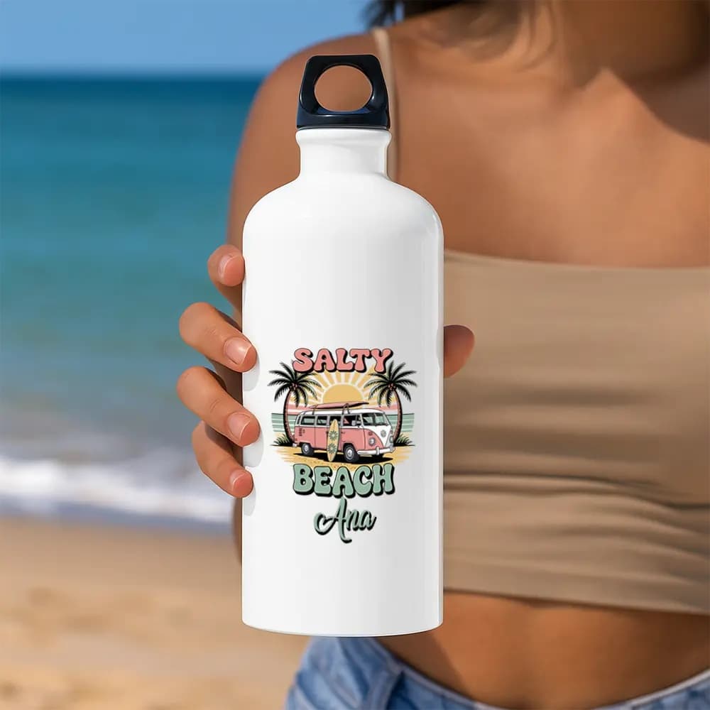 Bidon apă personalizat Salty Beach Car cu nume sau mesaj – sticlă reutilizabilă pentru vacanță și plajă