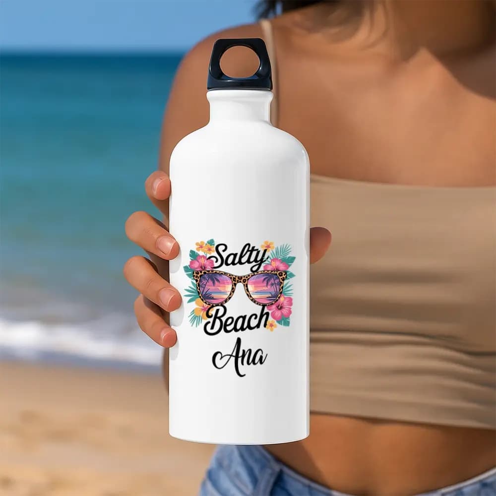 Bidon apă personalizat Salty Beach Glass cu nume sau mesaj – sticlă reutilizabilă pentru vară și plajă
