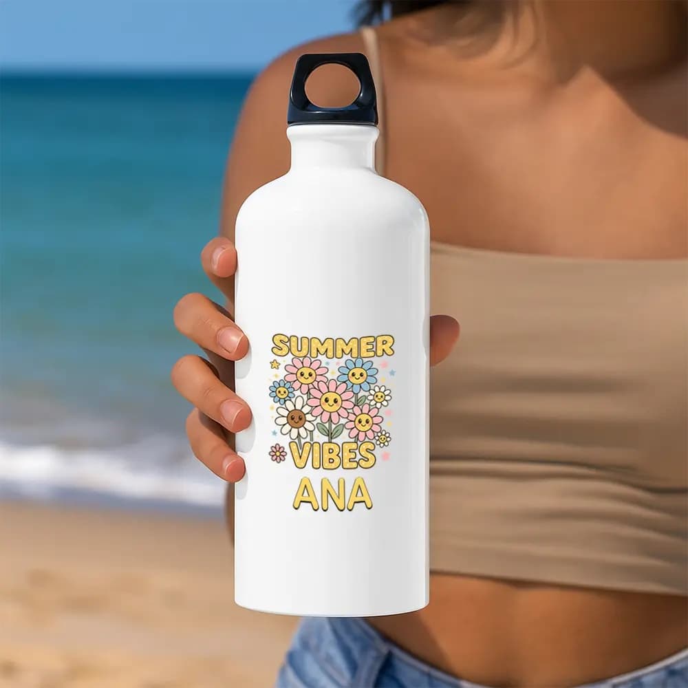 Bidon apă personalizat Summer Vibes Flower cu nume sau mesaj – sticlă reutilizabilă pentru fete și copii