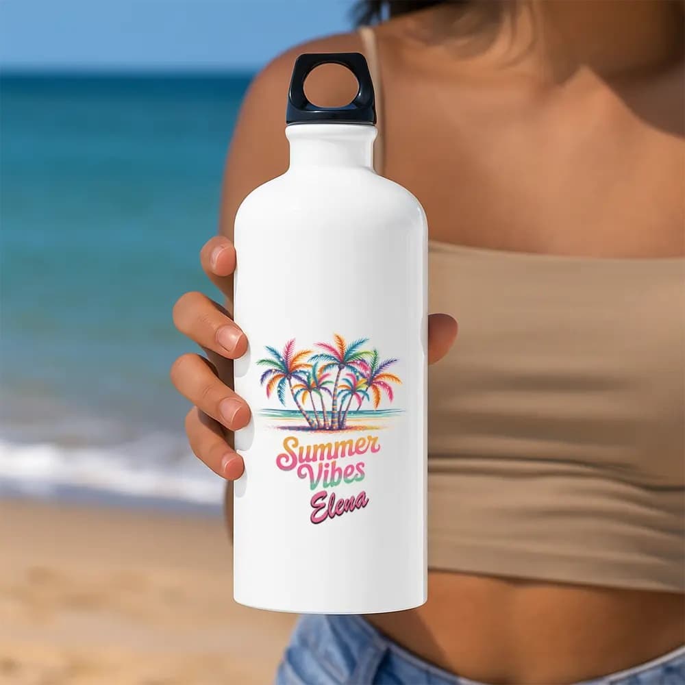 Bidon apă personalizat Summer Vibes Palm cu nume sau mesaj – sticlă reutilizabilă pentru vară și plajă