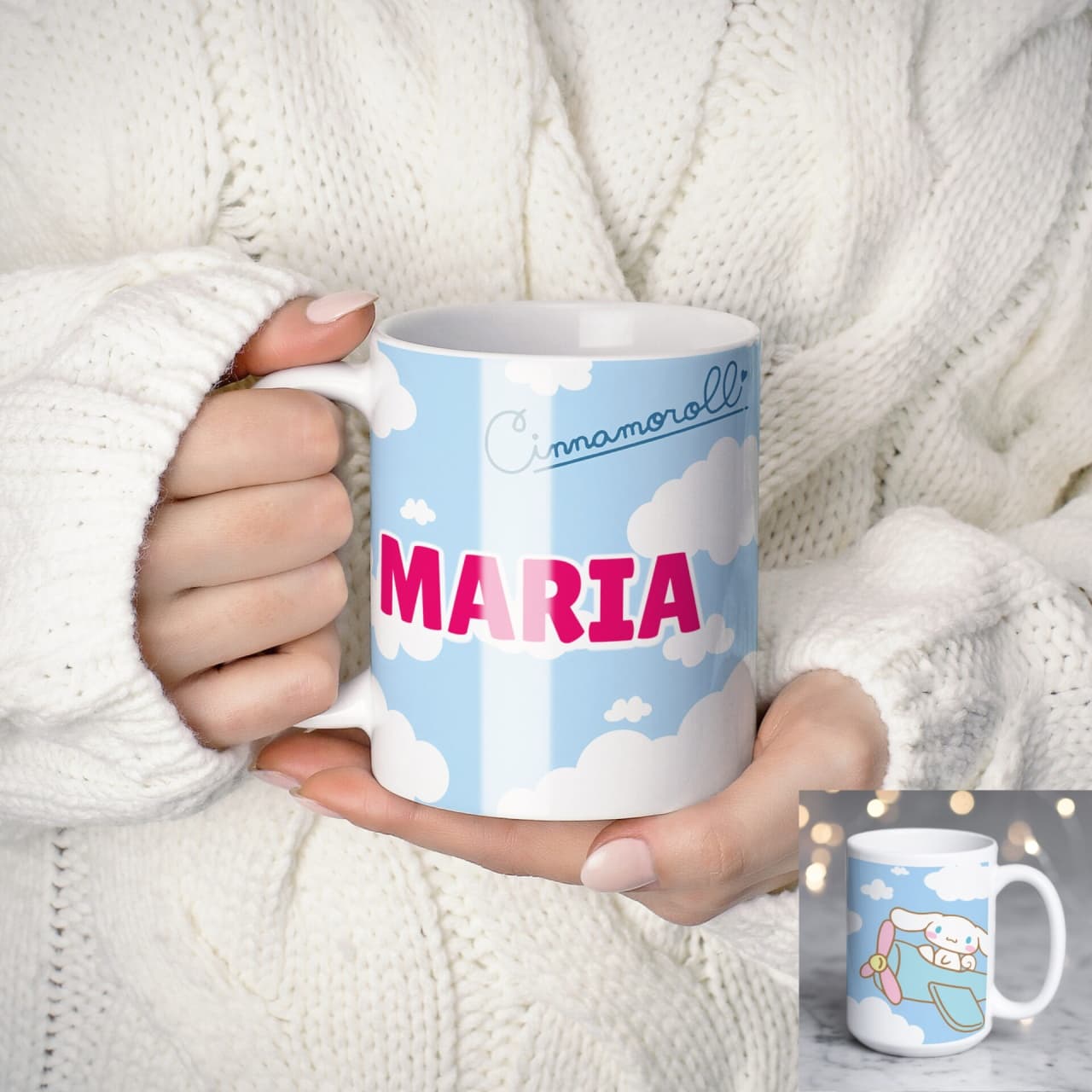 Cană personalizată Cinnamoroll cu nume sau mesaj – cadou kawaii pentru fete și copii