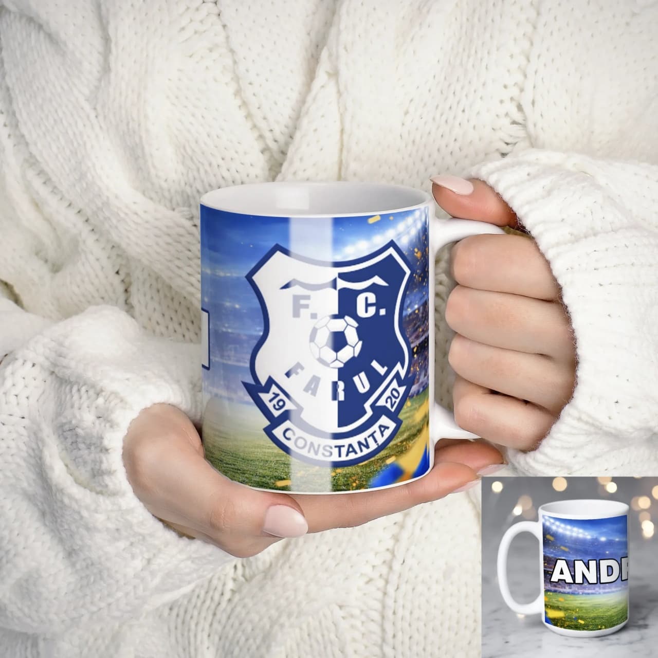 Cană personalizată FC Farul Constanța cu nume sau mesaj – cadou pentru suporteri