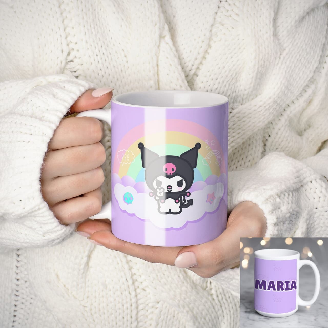 Cană personalizată Kuromi cu nume sau mesaj – cadou kawaii pentru fete și adolescente