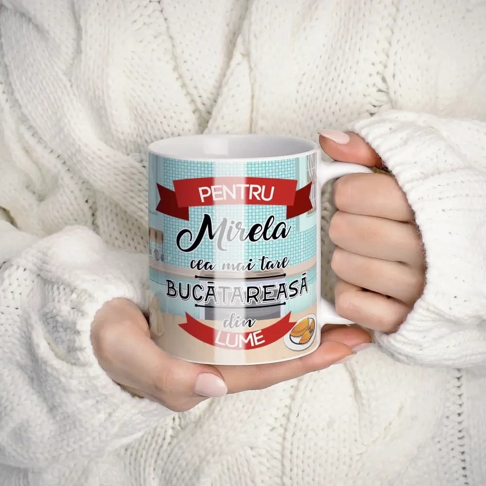 Cană personalizată pentru bucătăreasă cu nume sau mesaj – cadou special pentru pasionatele de gătit