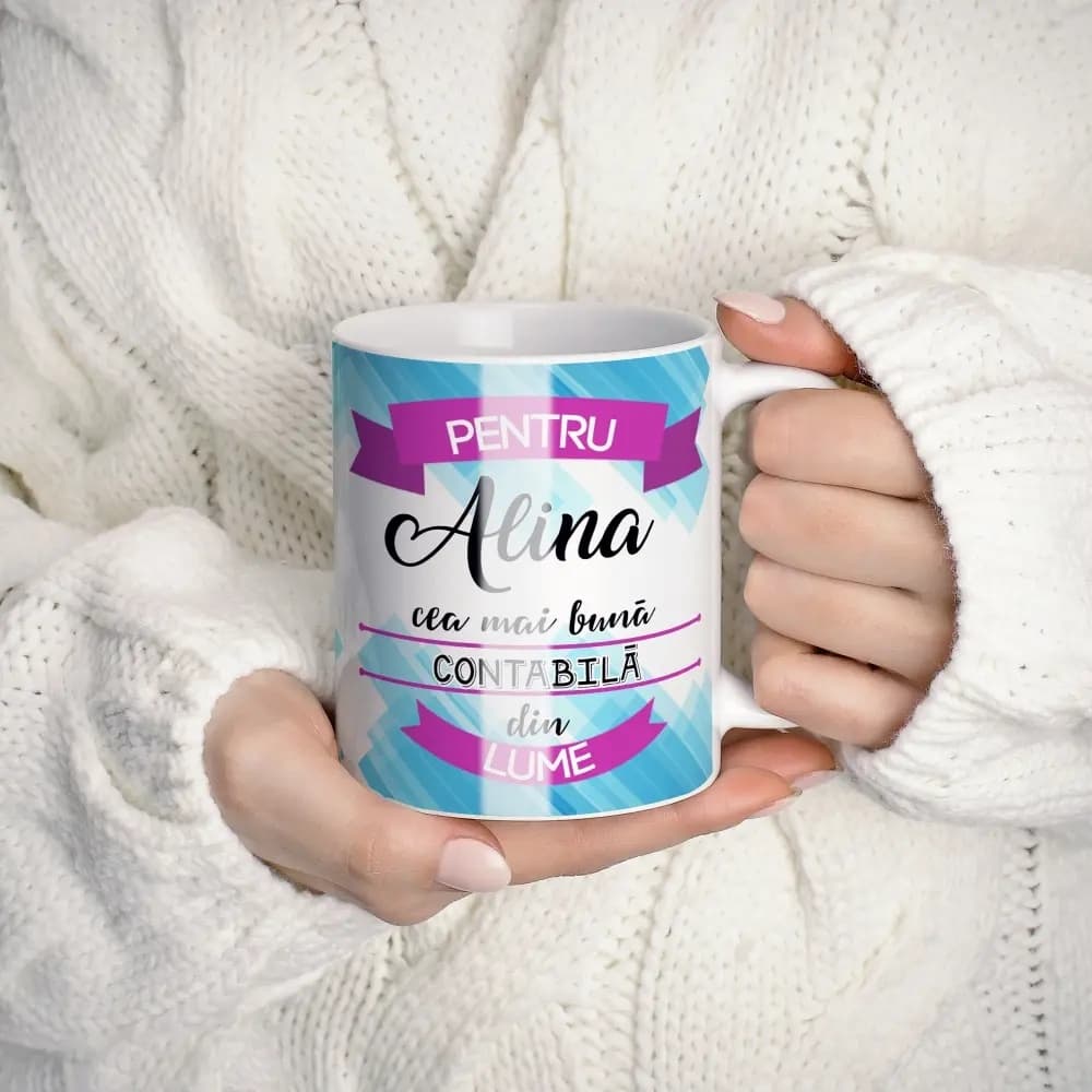 Cană personalizată pentru contabilă cu nume, funcție sau mesaj – cadou elegant pentru birou