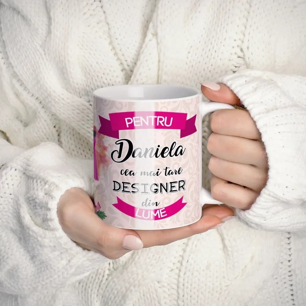 Cană personalizată pentru designer cu nume sau mesaj – cadou creativ pentru designeri