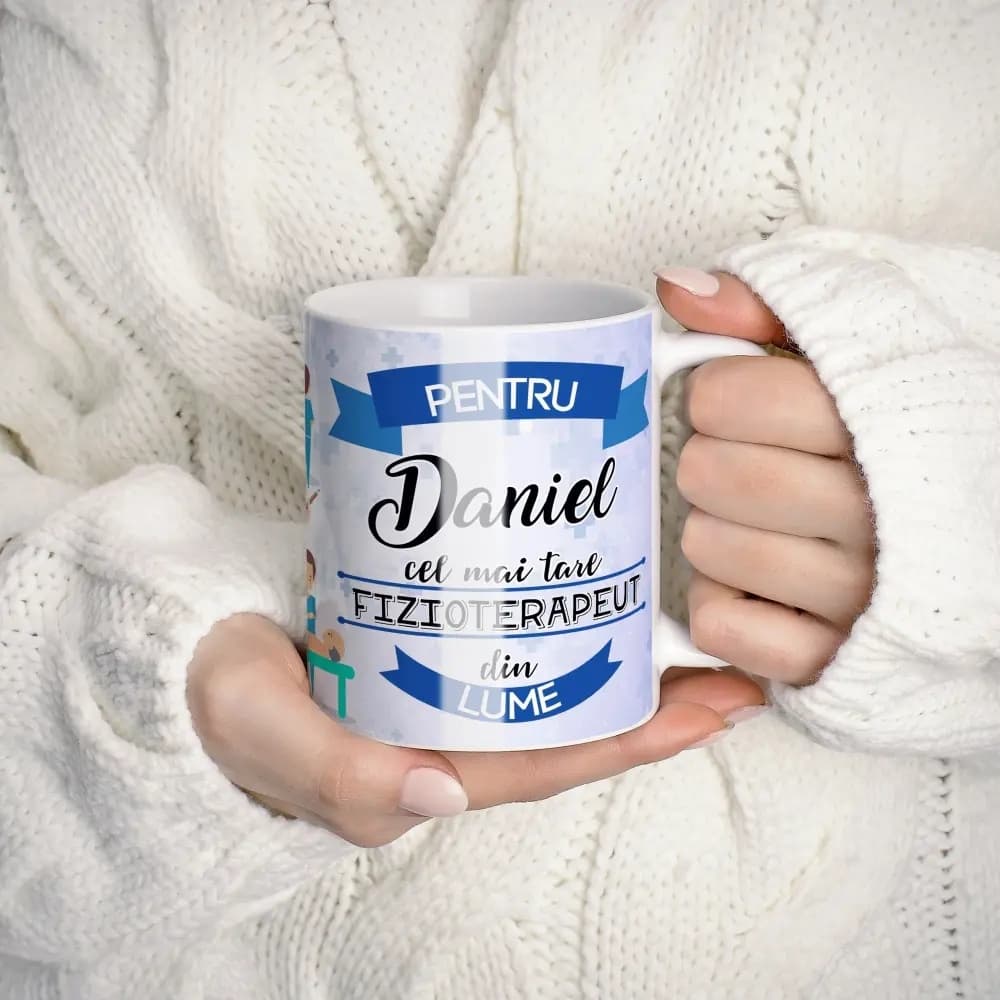 Cană personalizată pentru fizioterapeut cu nume sau mesaj – cadou pentru kinetoterapeut