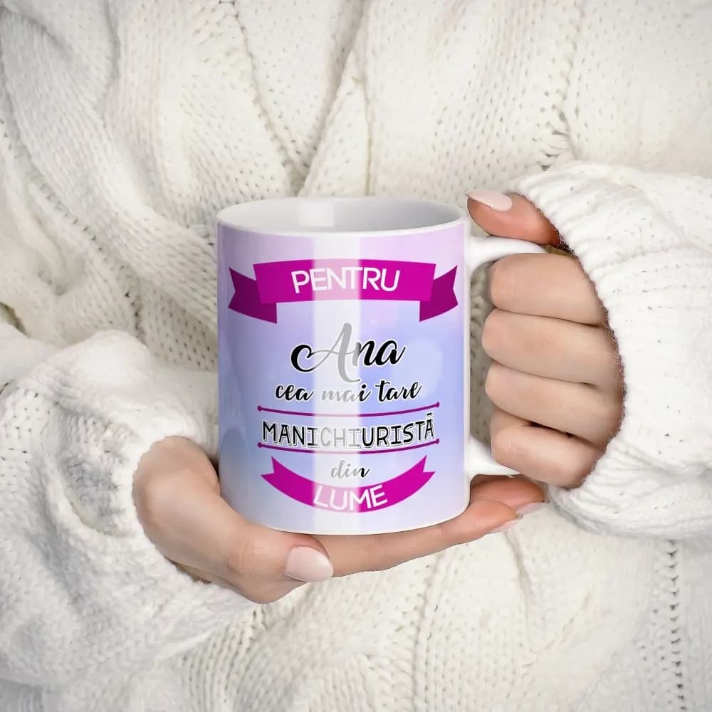 Cană personalizată pentru manichiuristă cu nume sau mesaj – cadou pentru salon unghii