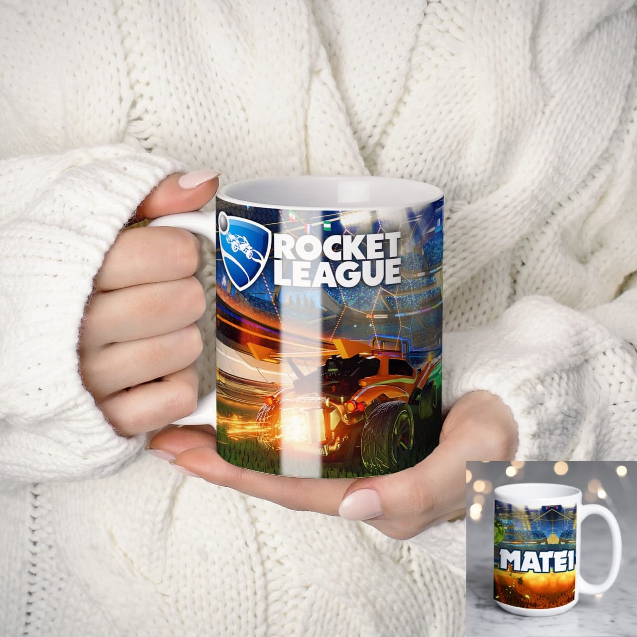 Cană personalizată Rocket League cu nume sau mesaj – cadou pentru gameri și fani fotbal