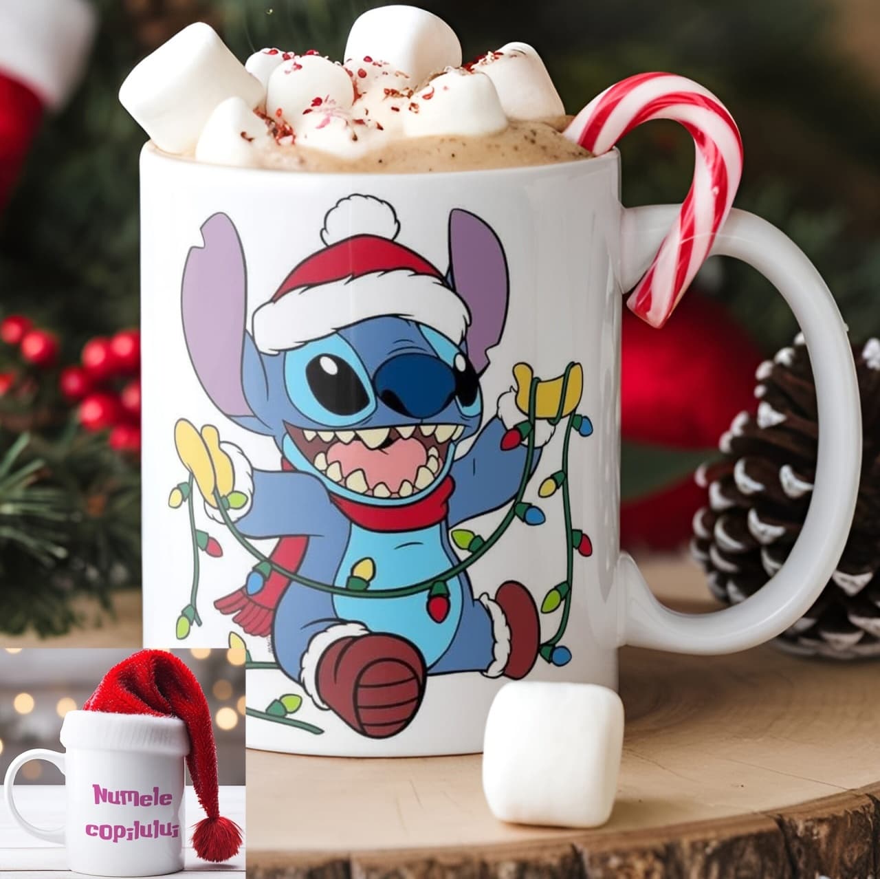 Cană personalizată Stitch cu nume sau mesaj – cadou drăgălaș și jucăuș pentru fete și copii model 014