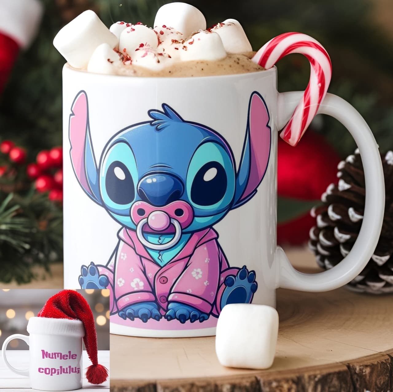 Cană personalizată Stitch cu nume sau mesaj – cadou vesel și colorat pentru fete și copii model 015