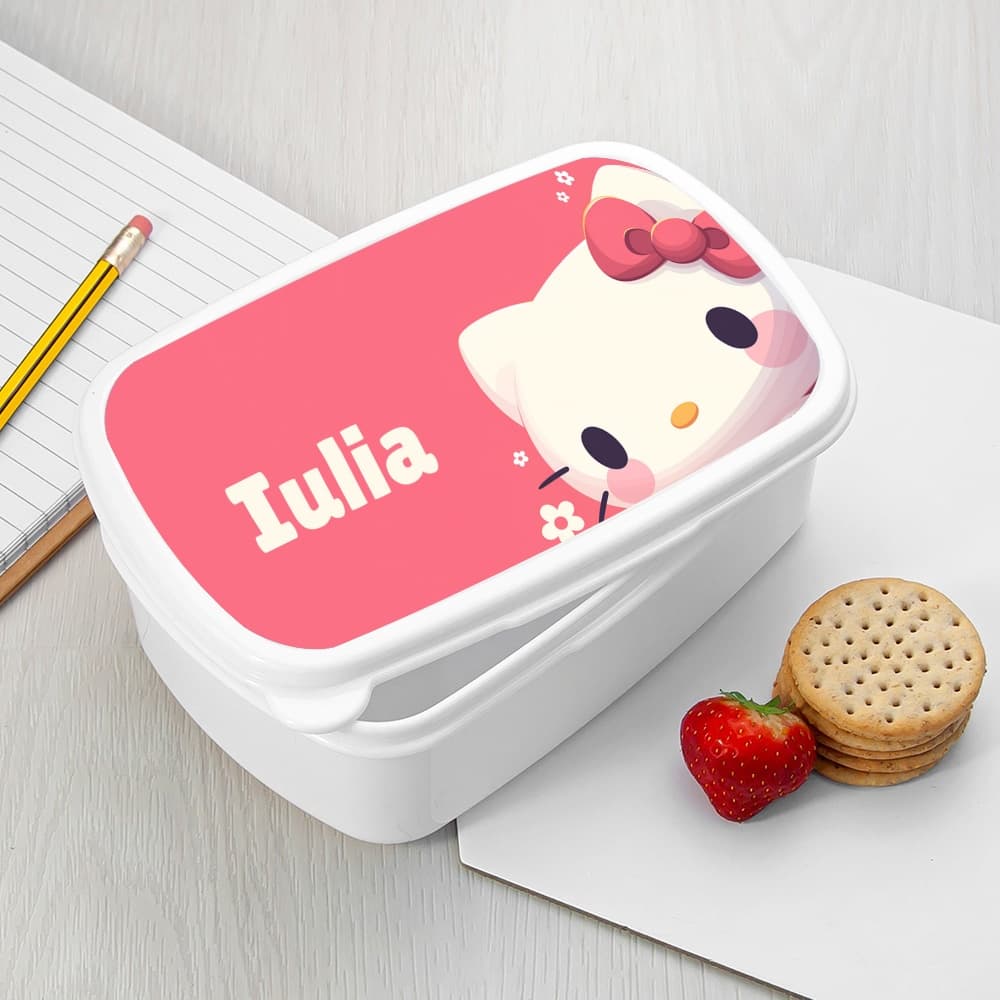 Caserolă Mic Dejun Personalizată cu Hello Kitty și Nume – Cutie Prânz Copii Adorabilă, Ideală pentru Școală și Grădiniță