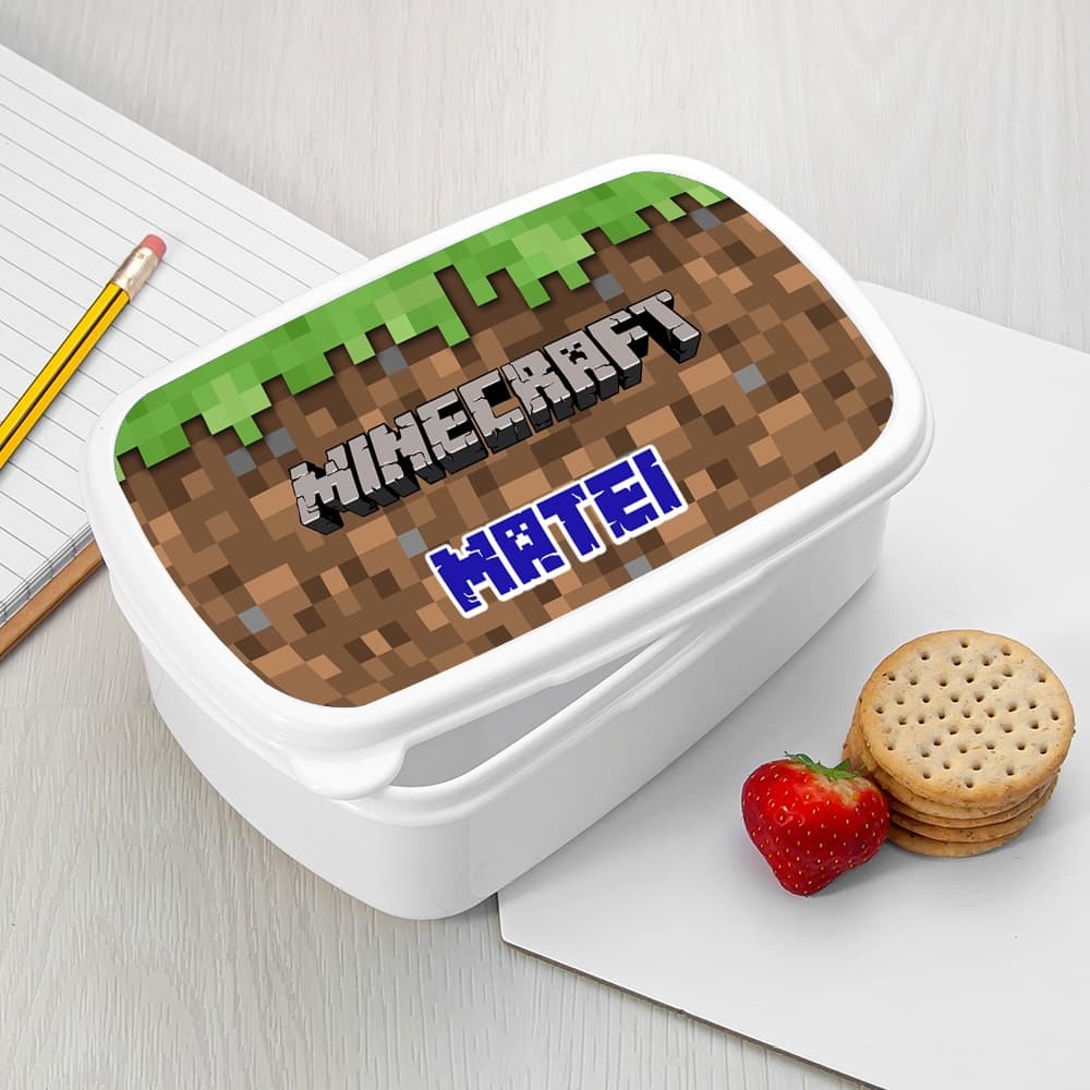 Caserolă Mic Dejun Personalizată cu Minecraft și Nume – Cutie Prânz Copii Gamer, Ideală pentru Școală