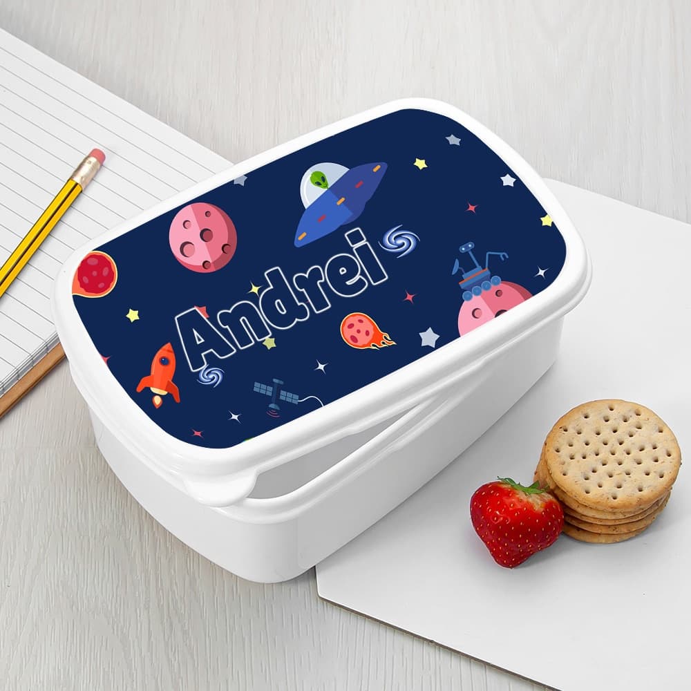 Caserolă Mic Dejun Personalizată Space UFO cu Nume – Cutie Prânz Copii Tematică Spațială, Ideală pentru Școală