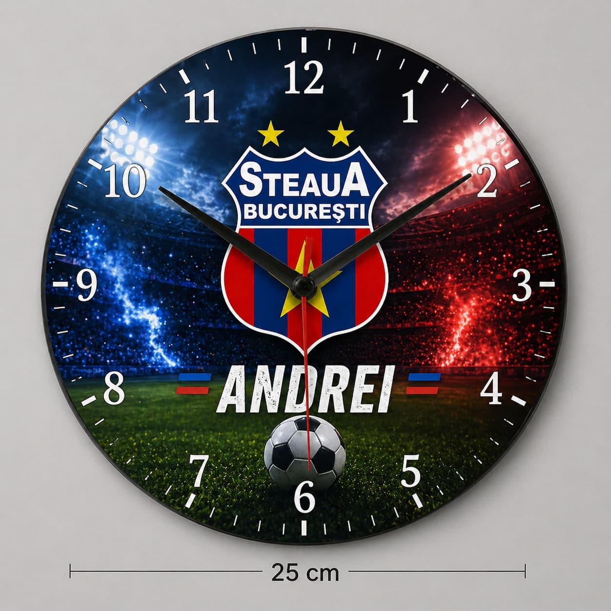 Ceas de perete personalizat fotbal din aluminiu 25 cm – cadou premium fan echipă cu nume