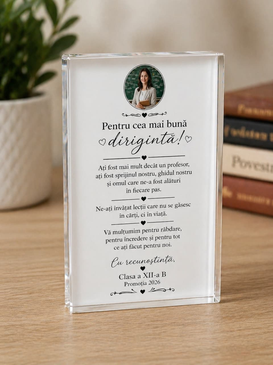Cristal personalizat 9x13x2 cm pentru dirigintă – cadou elegant cu poză și mesaj de mulțumire