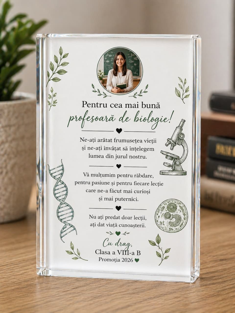Cristal personalizat 9x13x2 cm pentru profesoară de biologie – cadou elegant cu poză și mesaj de mulțumire
