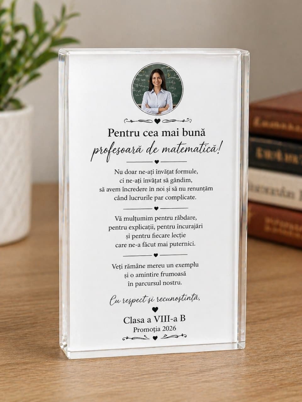 Cristal personalizat 9x13x2 cm pentru profesoară de matematică – cadou elegant cu poză și mesaj emoțional