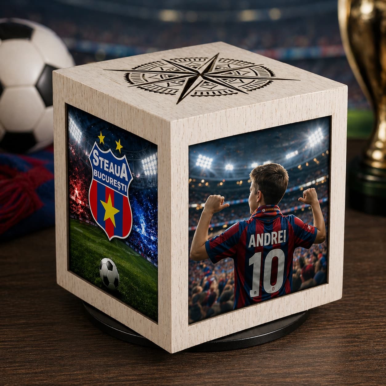 Cub foto personalizat fotbal 10x10 cm – cadou fan echipă cu 4 fețe personalizabile