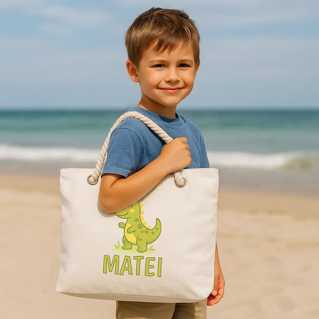 Geantă de plajă Dino – geantă mare pentru plajă și vacanță, model dinozaur pentru copii