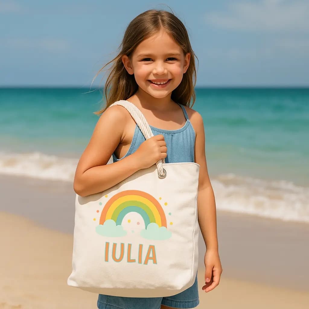 Geanta de plaja - modeGeantă de plajă Curcubeu – geantă mare colorată pentru plajă și vacanță, model vesel pentru fete și copiil curcubeu