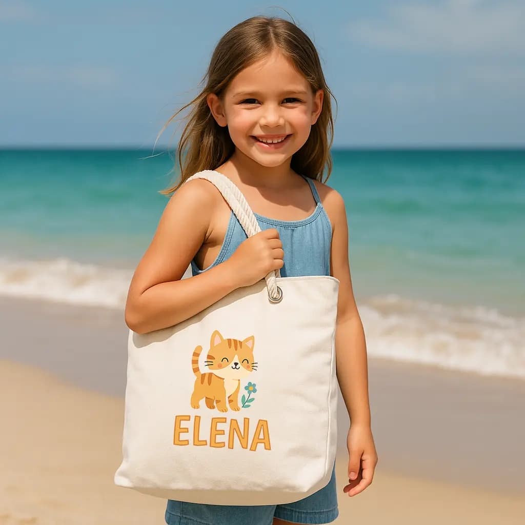 Geantă de plajă Pisicuță – geantă mare cute pentru plajă și vacanță, model adorabil pentru fete și copii