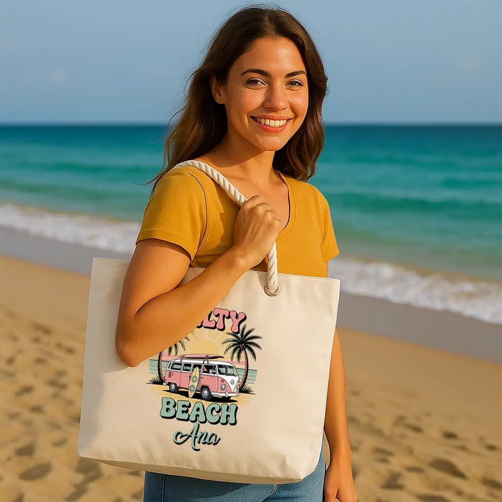 Geantă de plajă Salty Beach Retro Car – geantă mare pentru plajă și vacanță, stil vintage