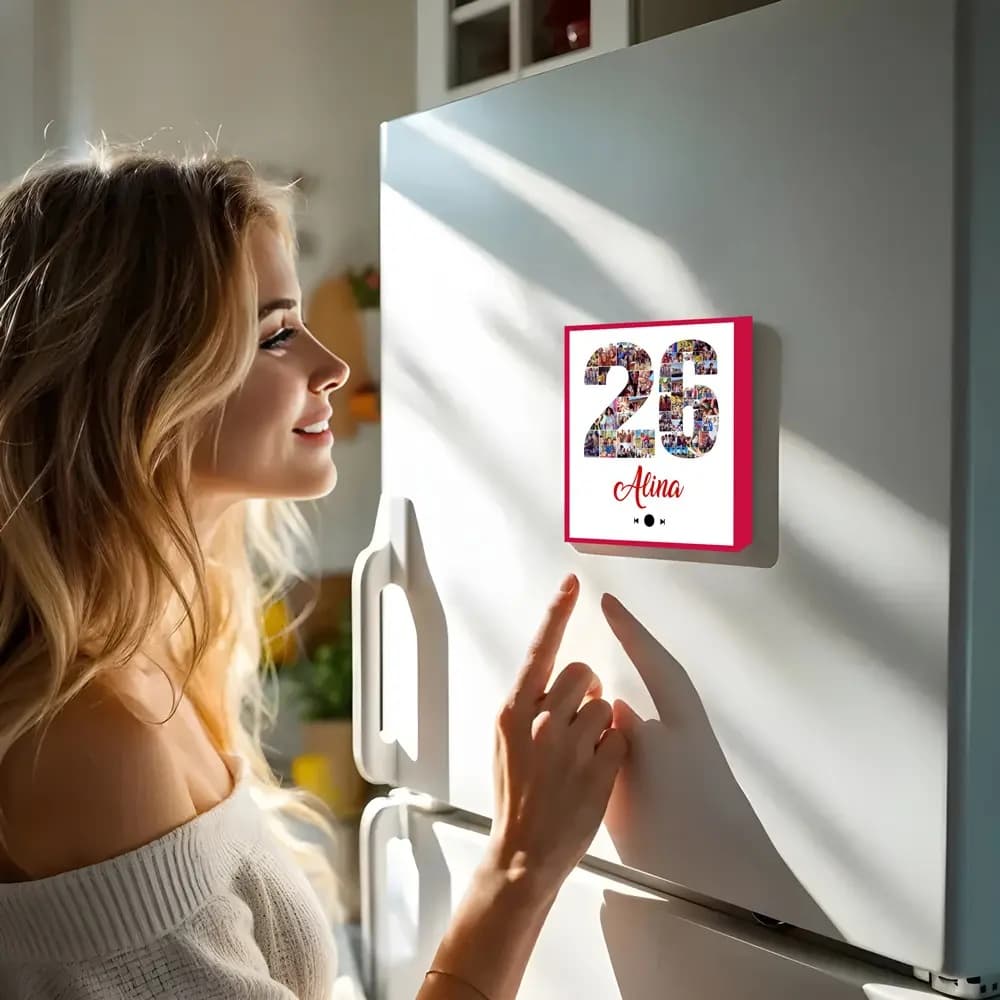 Magnet de frigider personalizat „La mulți ani” cu melodie MP3 și poză – cadou aniversar audio