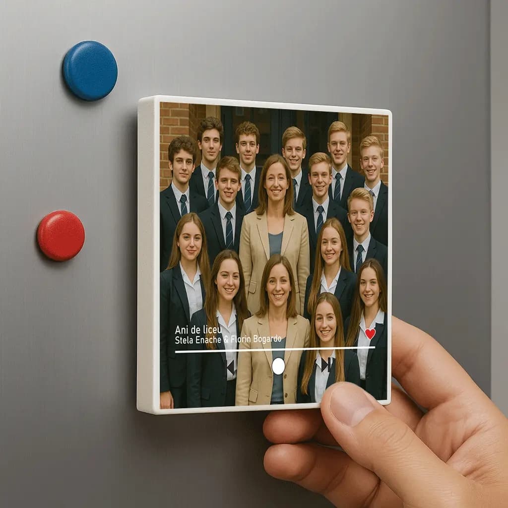 Magnet de frigider personalizat cu melodie MP3 și poză – cadou de absolvire emoțional