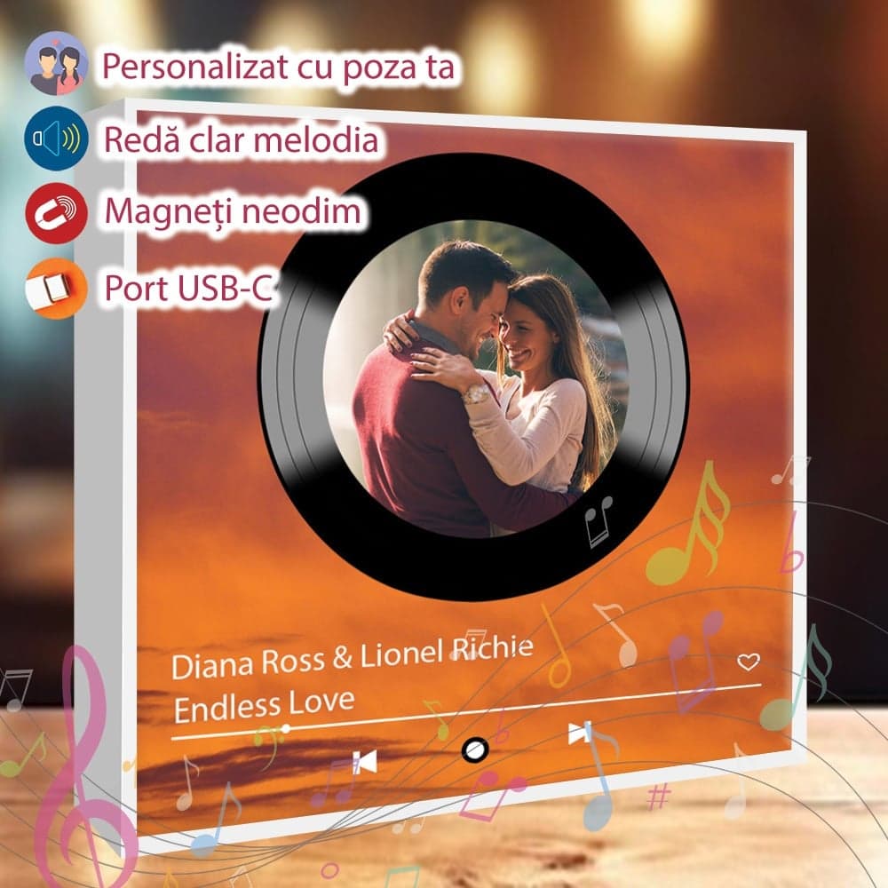 Magnet de frigider personalizat cu melodie MP3 și poză – model pickup vintage, cadou audio unic