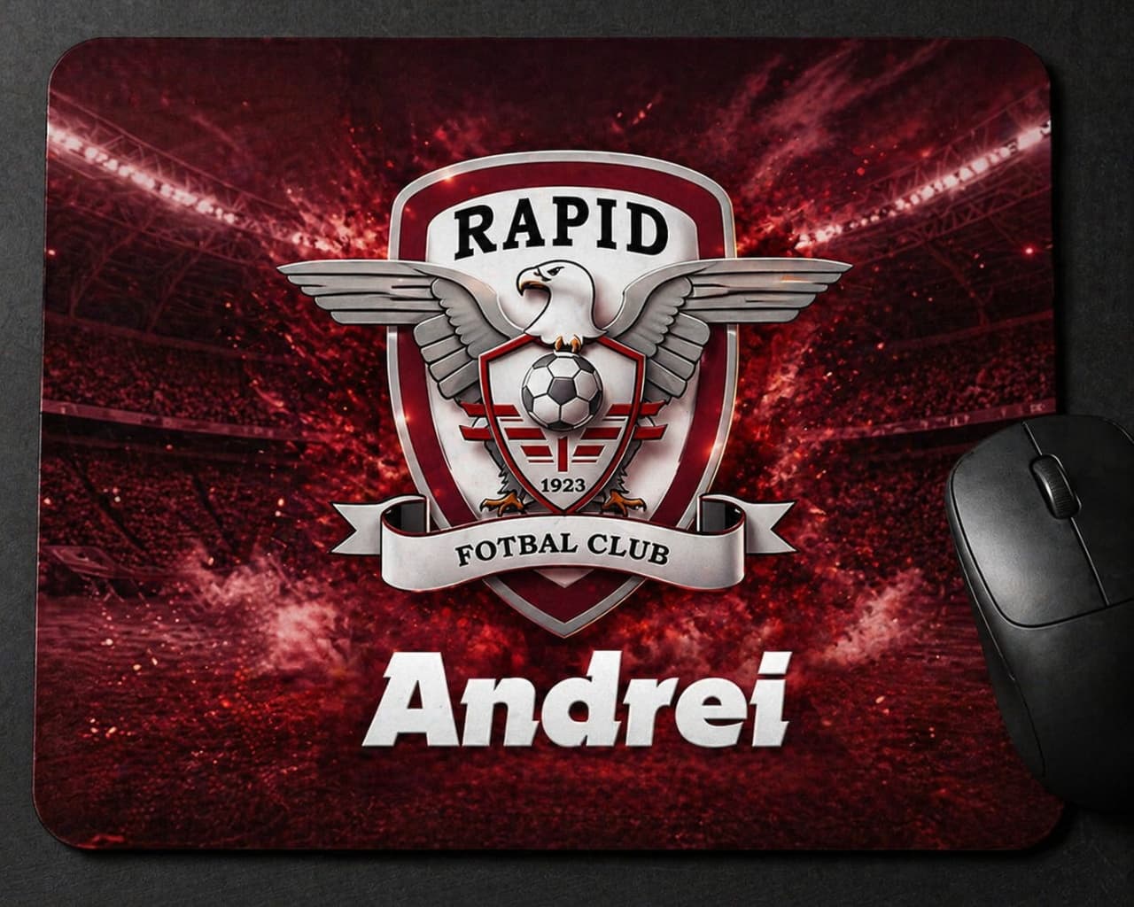 Mouse pad personalizat Rapid București – cu nume, cadou fan fotbal, design stadion premium