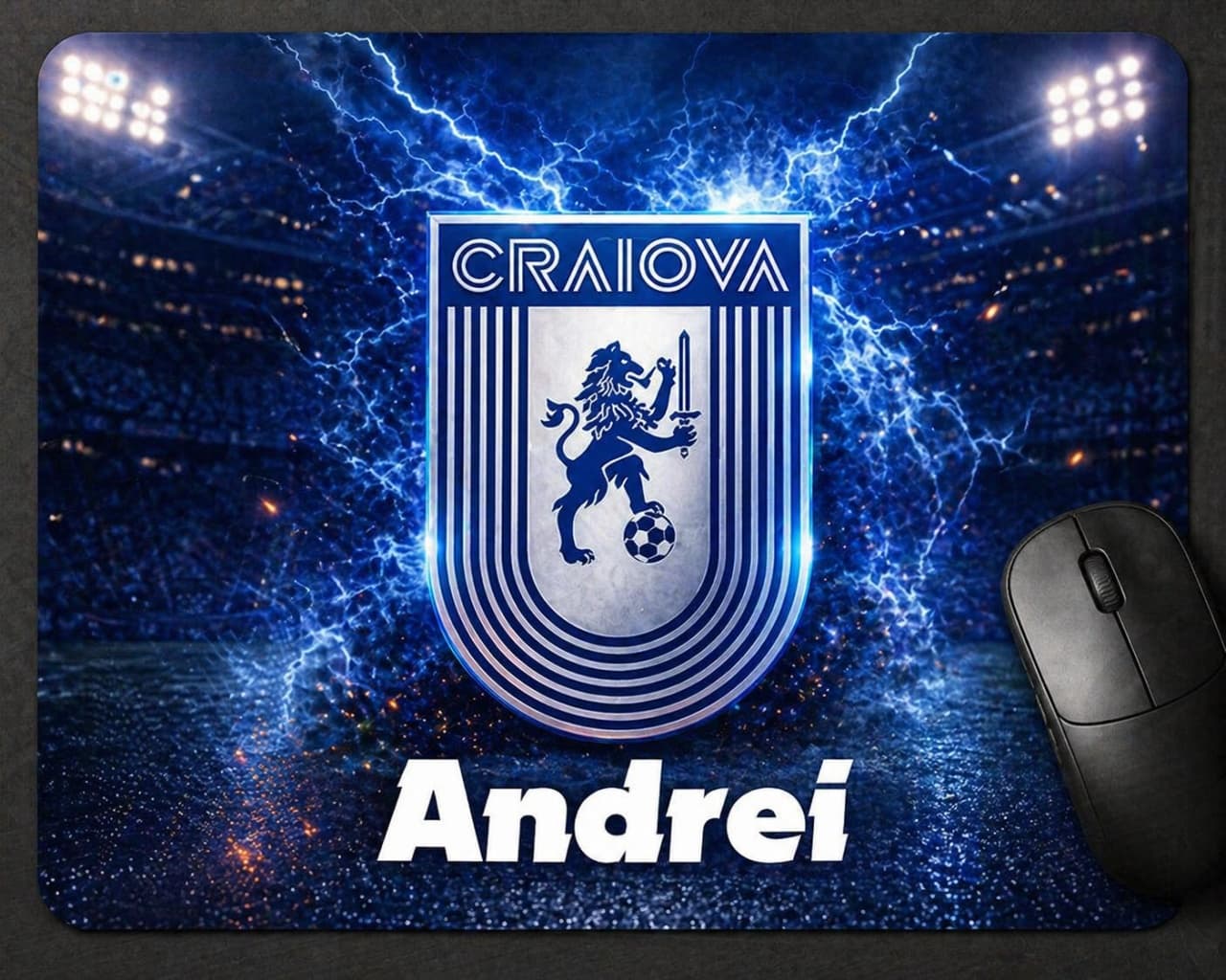 Mouse pad personalizat Universitatea Craiova cu nume – cadou fan fotbal, design stadion electric