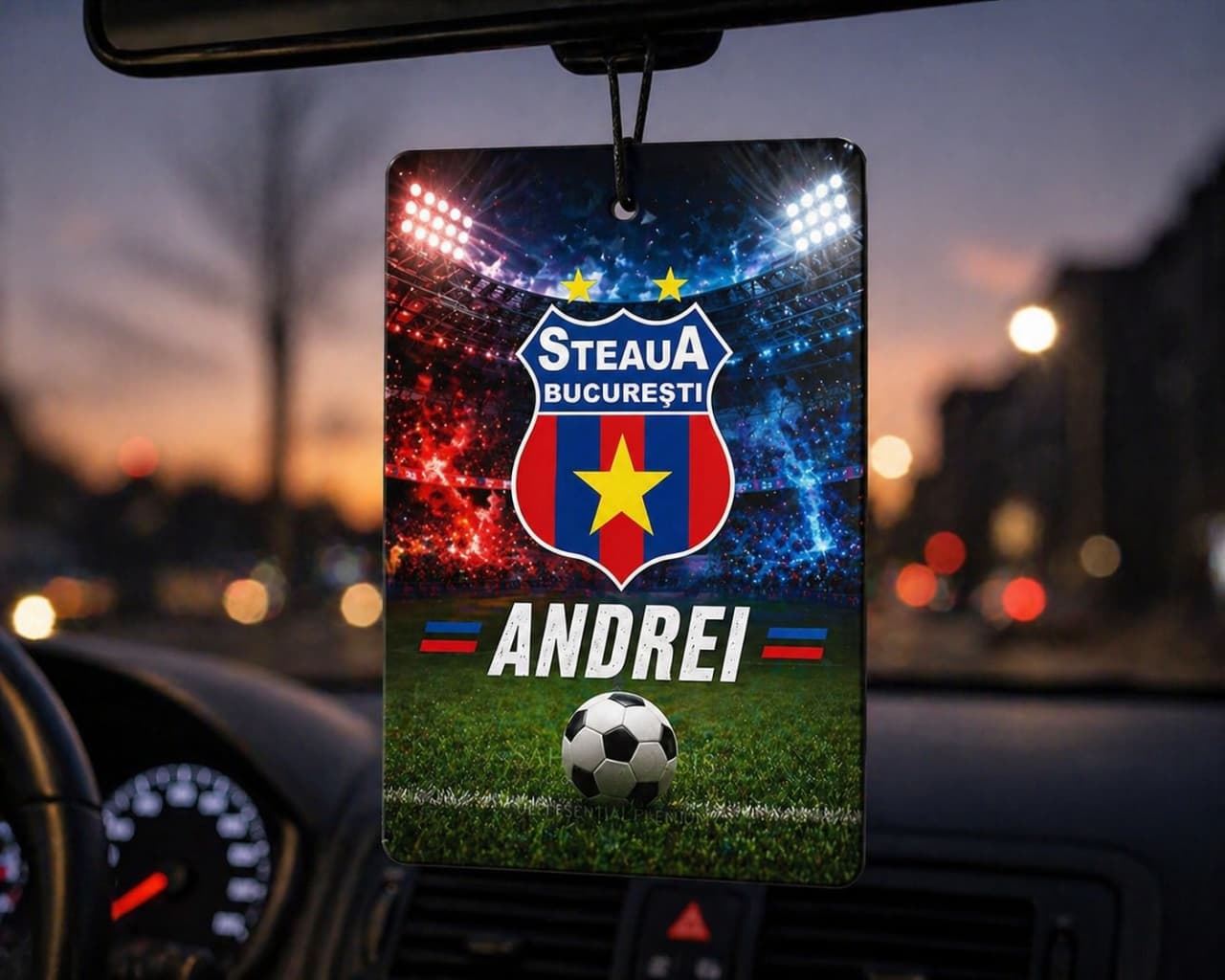 Odorizant auto personalizat fotbal cu nume – parfum premium Sahara Oasis, cadou fan echipă