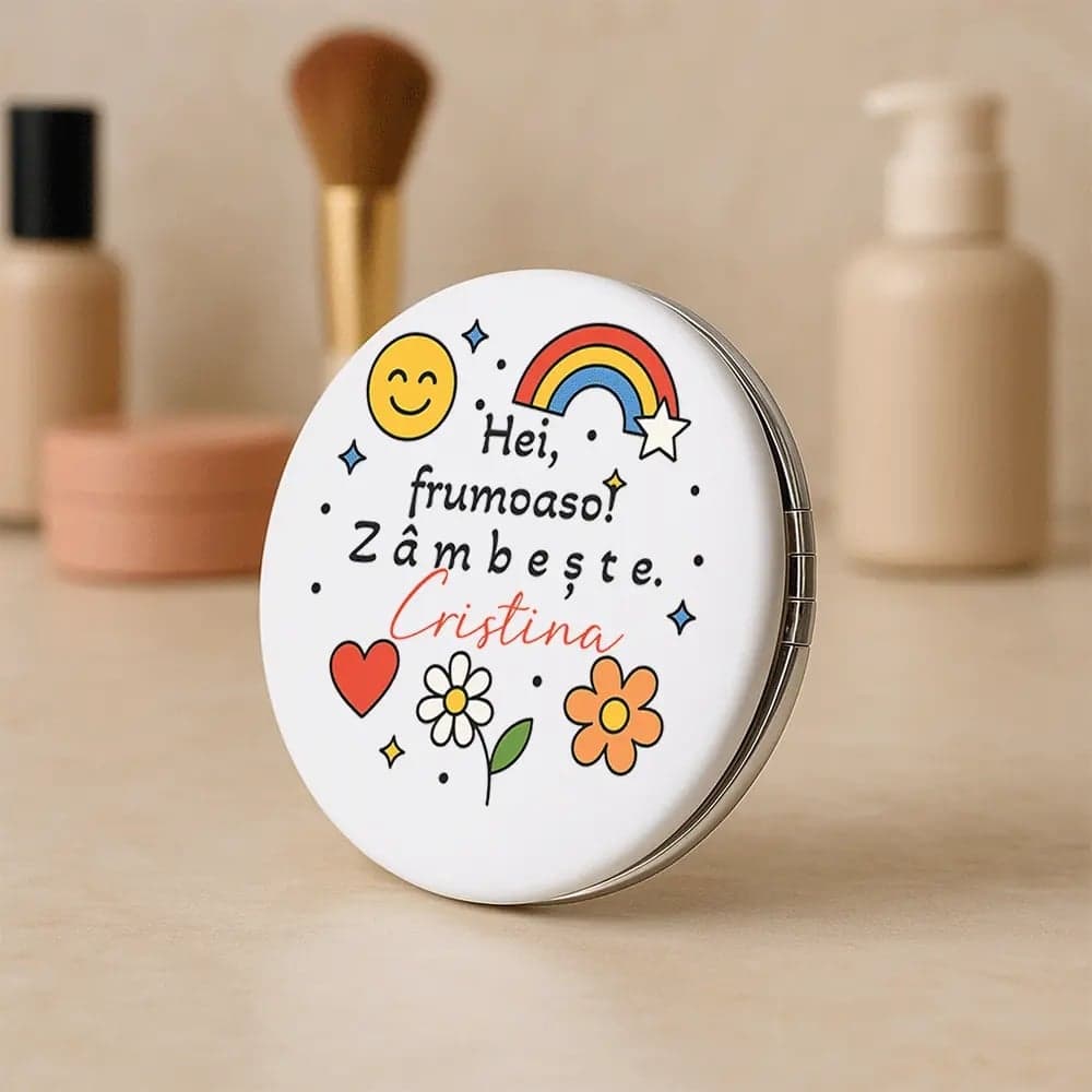 Oglindă personalizată cu nume „Hei, zâmbește” – cadou motivațional pentru femei