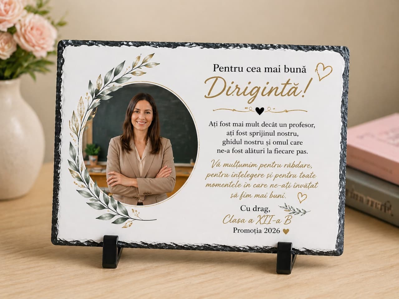Placă ardezie personalizată pentru dirigintă – cadou emoțional cu poză și mesaj de mulțumire