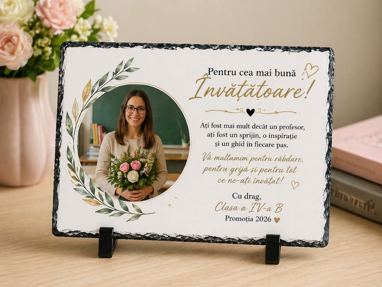 Placă ardezie personalizată pentru învățătoare – cadou emoțional cu poză și mesaj de mulțumire