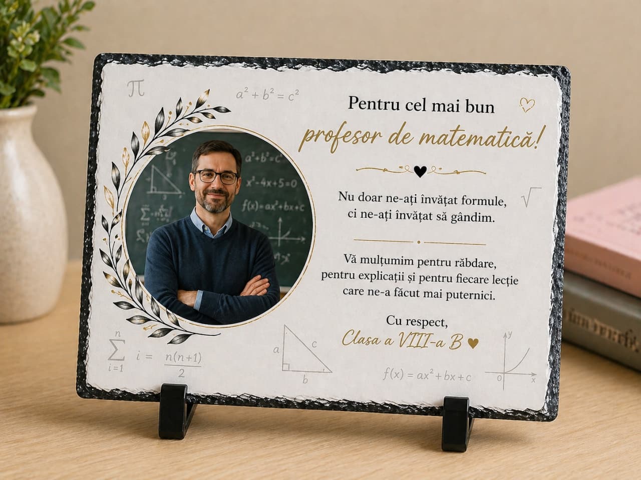 Placă ardezie personalizată pentru profesor de matematică – cadou original cu poză și mesaj de mulțumire