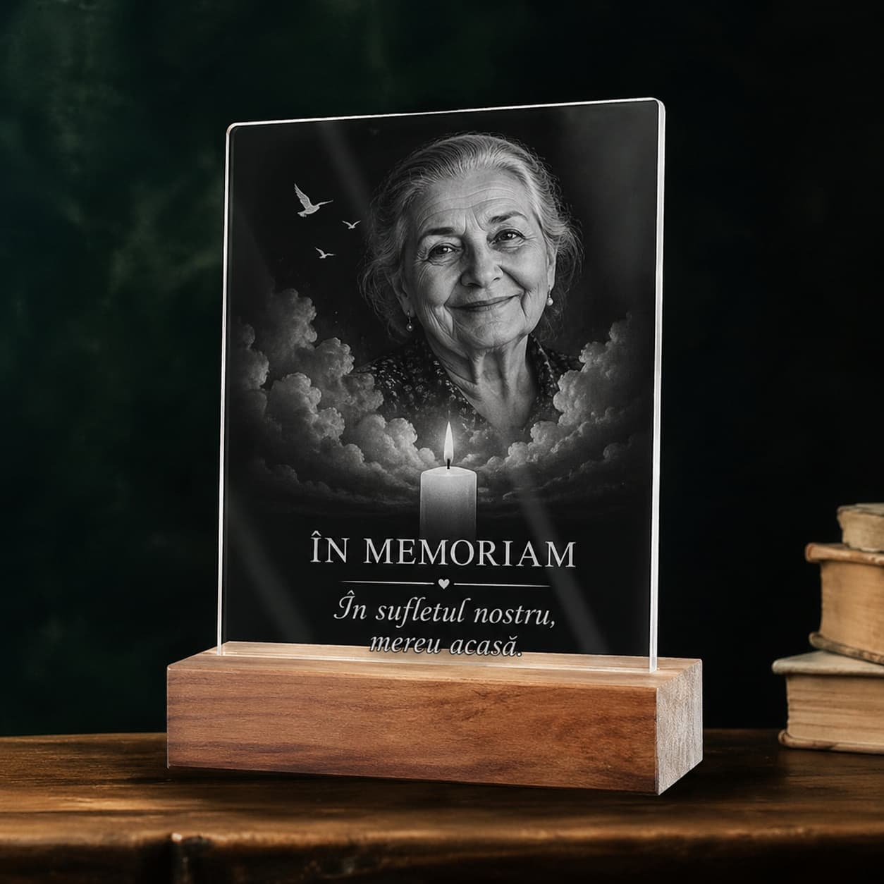 Plachetă LED In Memoriam Personalizată – Plexiglas cu Bază din Lemn, Poză și Mesaj Comemorativ