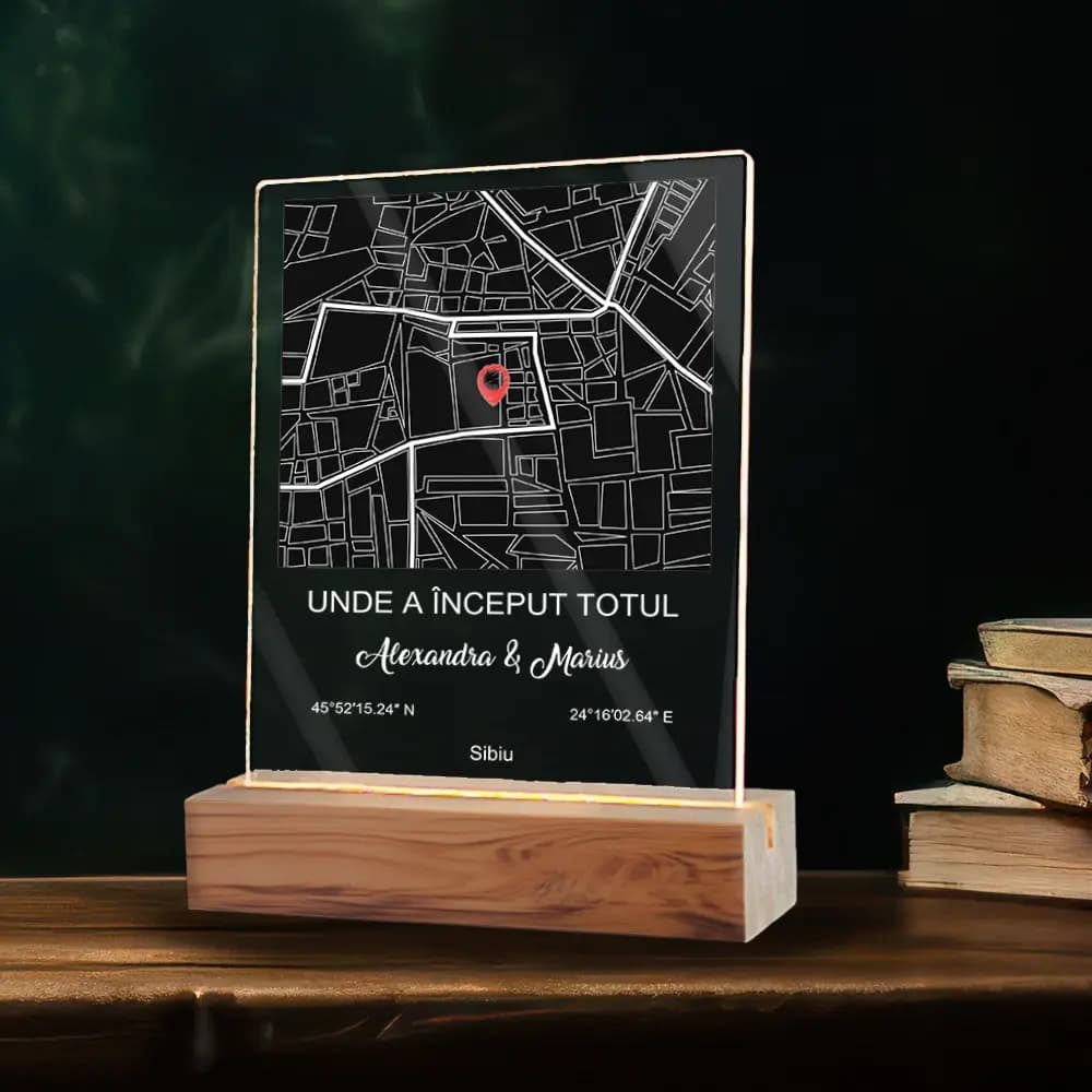 Plachetă LED Personalizată „My Place” cu Hartă și Text – Locație Specială, Cadou Unic pentru Cuplu