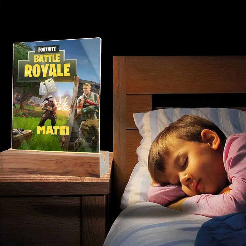 Plachetă LED Personalizată cu Fortnite și Nume sau Poză – Cadou Gamer Copii, Efect Luminos Spectaculos